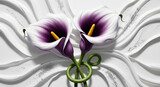 Purple and white calla lilies with textured 3D fluid plaster background 3D Wall Mural. floral landscapes. 3d floral art, floral wallpaper, Luxurious textile tile wall art