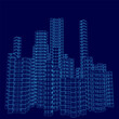 © German Ovchinnikov - A sci-fi city blueprint features a towering multi-tower skyscraper in a detailed white wireframe against a solid blue background.