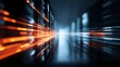 © sablengjago - A dynamic, blurred perspective of server racks in a data center, with illuminated streams. The environment is dark with a luminous effect