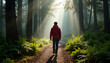 © Yasin - Man walking on forest path with sunbeams breaking through the trees