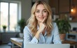 © Daniel - Photo of touching chin satisfied glad blond hair model mature age hr manager working from home indoors office using laptop and planner. High quality