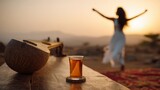 Traditional stringed musical instrument and beverage rest on a wooden surface against a desert sunset backdrop with a silhouetted dancer