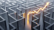 © afif - Glowing arrow graph emerging from a complex maze symbolizing business strategy problem-solving and achieving success with a bright light illuminating the path forward