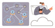 © robu_s - Numbered nodes connected by lines on a secured network, woman holding clipboard emerging from browser window. Ideal for cybersecurity, teamwork, cloud storage, data sharing, technology, planning