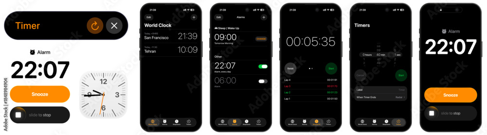 iPhone Clock app UI screen vector design showing World Clock, Alarms ...