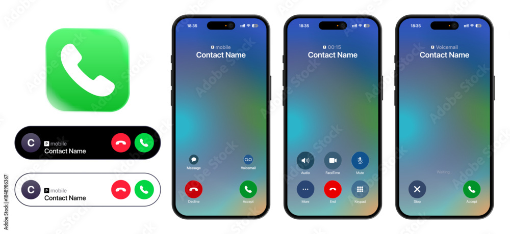 iPhone Call Phone app UI screen vector design showing Calling ...