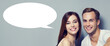 © vgstudio - Love, relationship, lovers, romantic date concept - happy cute young couple. Portrait of close stand man woman, isolated grey gray background with white empty mockup speech bubble, free ad text space