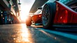 © kirania - Close-up of a Red Formula 1 Race Car Wheel and Bodywork at Sunset.