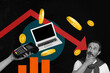 © deagreez - Exclusive magazine picture sketch collage image of puzzled businessman stand laptop arrow decline loss coin pos terminal