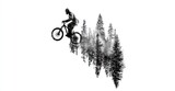 Biker airborne over blurred trees, a dramatic grayscale shot against a pristine white background