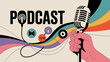 © Nargis - Hand Holding Microphone with Podcast Icons and Colorful Waves
