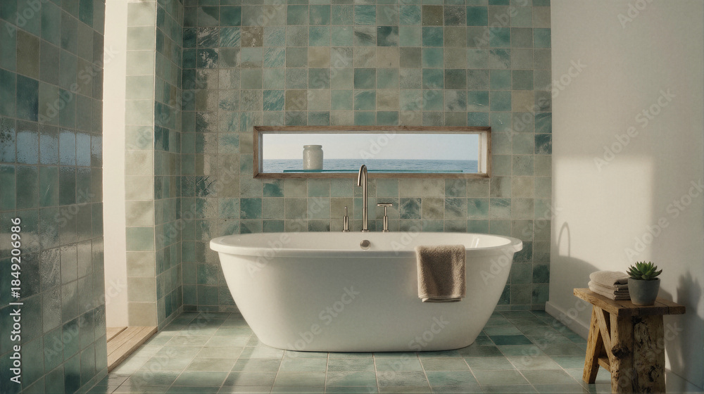 A freestanding white bathtub in a bathroom with blue and green tiled walls, featuring a small window view of the ocean.
