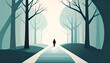 © versal - A figure walks down a light path through a stylized, foggy, dark teal forest of tall, leafless trees