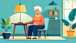 © Rika - Cartoonish illustration of an older woman sitting in a room with plants and a table
