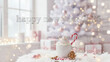 © Shubham - Happy New Year 2026 Festive Greeting Card with Hot Chocolate, Gingerbread Man, and Blurred White Christmas Tree Background