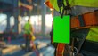 © mockupartlab - A closeup of a safety harness with a blank green tag In the blurred background a construction worker stands on a site at sunrise
