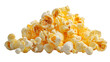 Snack popcorn isolated on white background or transparent png, showing fluffy popped kernels, crunchy texture, golden color, and classic cinema snack appeal.