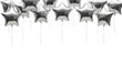 © vizual - Highly reflective chrome silver star mylar balloons bordering the top frame, featuring iridescent ribbons, isolated against a high-key white studio background. Concept of sophisticated celebration