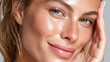© Marut - Radiant woman with subtle oily glow, clear skin, natural makeup, pastel lemon green background, relaxed expression, closeup beauty portrait, healthy complexion