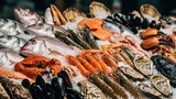 A close-up of a seafood display with assorted fish, shellfish, and crustaceans on ice