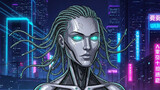 Cyberpunk robot woman with glowing eyes in futuristic cityscape