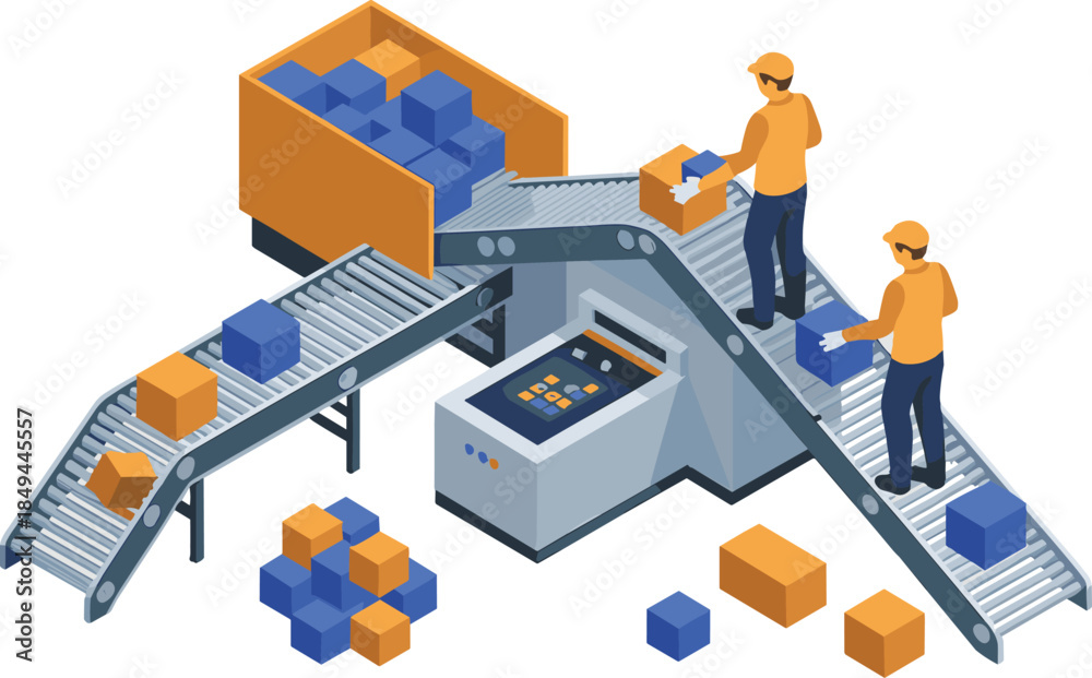 Warehouse Sortation System.drawing Isometric warehouse sorting illustration, workers operating conveyor ...