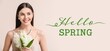 © Pixel-Shot - Beautiful young woman with hyacinth flowers and text HELLO, SPRING on light background