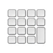 © rungkad - Grid of sixteen blank white buttons with beveled edges and a subtle gloss finish arranged in four rows with the last row having one long rectangular button on transparent background