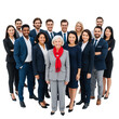 © design png - Eleven-Person Multicultural Team in Professional Attire Poses with Red-Scarf Leader Against White Background — Diverse, Confident, Unified — Symbolizing Inclusive Leadership, Global Collaboration, and