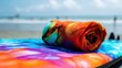 © Sylvia - A colorful rolled-up rashguard resting on a surfboard at the beach. event key visuals, club posters, designed for fitness apps and gym onboarding, drives event promotion.