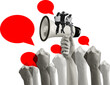 © master1305 - Mixed media composition with megaphone and raised fists on transparent background. Concept of political messaging, mass influence, voter mobilization and public discourse.