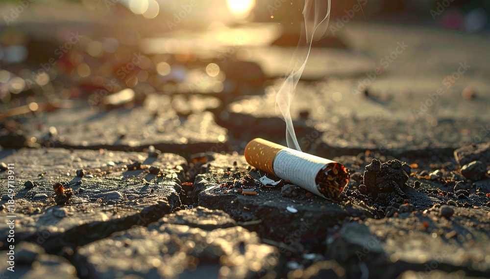 Discarded cigarette butt on cracked pavement and soil with debris ...