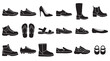 © Mr. Stocker - Diverse collection of black shoe silhouettes featuring various types of men's and women's footwear, including boots, sneakers, sandals, and high heels in a simple graphic icon set