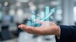 © Philipp - Hand holding holographic bar chart with percent sign and arrow for finance metrics.