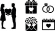 © GMZ - Silhouettes of couple holding heart symbol with gift box love ring envelope and calendar icons