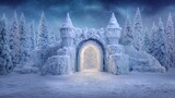 A stunning ice castle shimmers under a starry night. Tall, snow-laden trees surround it, creating a magical winter wonderland. The glowing portal beckons you to enter.