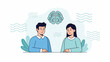 © Wahyoe - Modern flat illustration of two people engaging in dialogue, featuring a central brain graphic that represents shared intellect, brainstorming, and effective communication