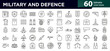 © RI Rafiq - Military and Defence Line Icon Set. Army, navy, air force, weapons, tanks, defense, security, military base, shield icons vector illustration. Pixel-perfect stroke
