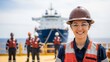 © Анастасия Макевич - Smiling female engineer on offshore platform with ship