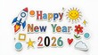 © RIDOY - Sticker Doodle Pack 2026 - Cute Fun Icons, Cartoon Rocket Sun Flower, Playful New Year Art, Kid Friendly Design & Vibrant Graphics
