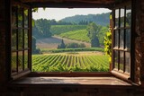 Stunning view of rolling vineyards from an open window of a rustic house, creating a peaceful and idyllic countryside scene
