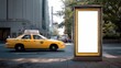 © Fiverr/fazilazia703 - Outdoor advertising mockup: Vertical blank billboard (City Light Poster) on an urban sidewalk with a blurred yellow taxi cab moving past in the background, perfect for OOH campaigns.