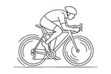 Line drawing illustration of a cyclist racing at high speed, wheels emphasized with circular motion lines, minimalist sports illustration.