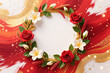 © Aleksei Solovev - Valentines day illustration with a digital art style, featuring a floral wreath with red roses and white flowers on a red and gold swirly background.