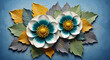© printartist - 3D bas-relief of white and teal flowers with mustard yellow leaves 3D Wall Mural. floral landscapes. 3d floral art, floral wallpaper, Luxurious textile tile wall art