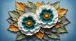 © printartist - 3D bas-relief of white and teal flowers with mustard yellow leaves 3D Wall Mural. floral landscapes. 3d floral art, floral wallpaper, Luxurious textile tile wall art