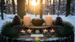 © Shah - A serene winter scene with candles and pinecones on a stone table in a snowy forest