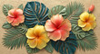 © printartist - 3D bas-relief wall art of orange hibiscus and tropical monstera leaves 3D Wall Mural. floral landscapes. 3d floral art, floral wallpaper, Luxurious textile tile wall art