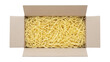 © Mia - Open cardboard box filled with yellow shredded paper isolated on transparent PNG, packaging material for shipping fragile items