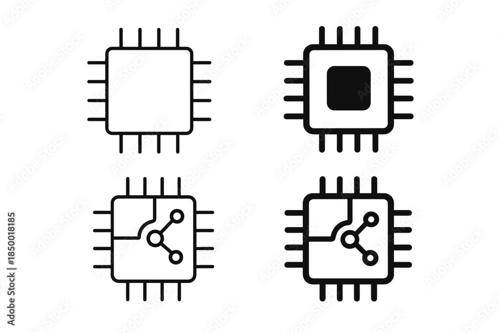Microcontroller Chip Icon Red Color Set of four different microchip icons with pins and internal circuitry ...